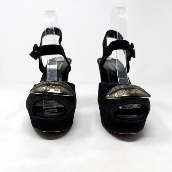[Sonia Rykiel] Black Gold Lips Suede Leather Open Toe Platform Heels Sz 38 US 8 - Picture 9 of 12